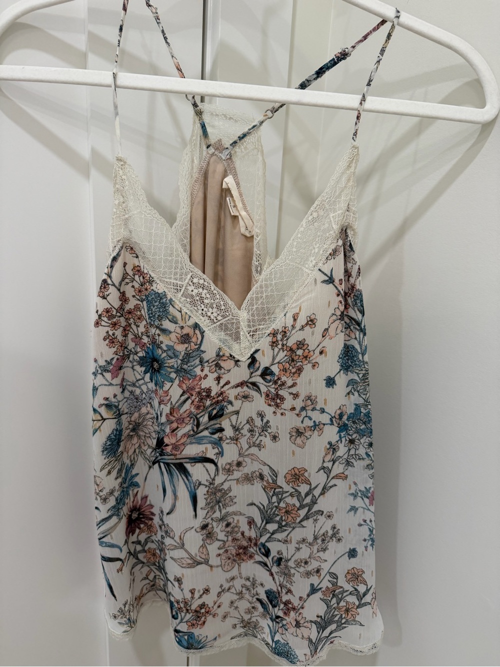 LoveStitch Floral Lace Trim Camisole - Cream with Blue & Pink Floral Print